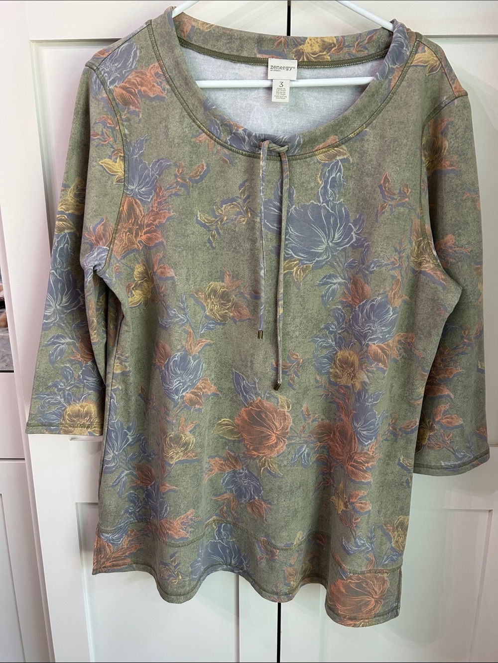 Chico's Olive Green Floral Drawstring Neck Top